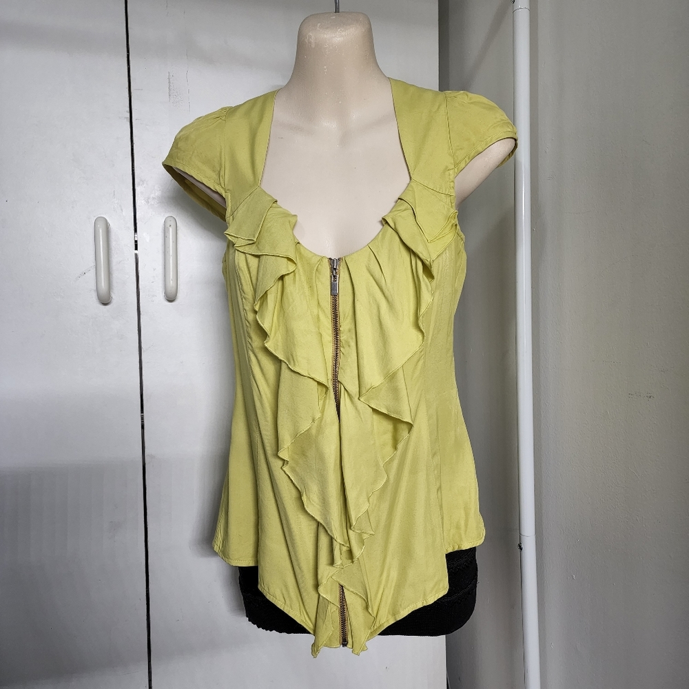 Aus 8 Cue Yellow Layered Frill Zip Front Short Sleeved Blouse - Picture 15 of 16